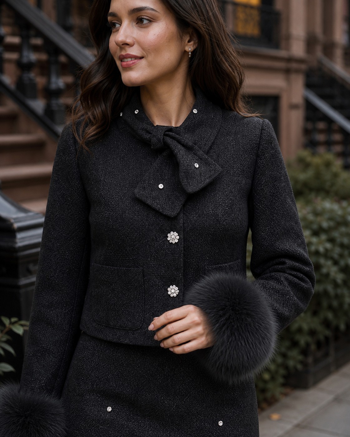 Adele Fur-Cuff Tweed Set fabric and trim detail