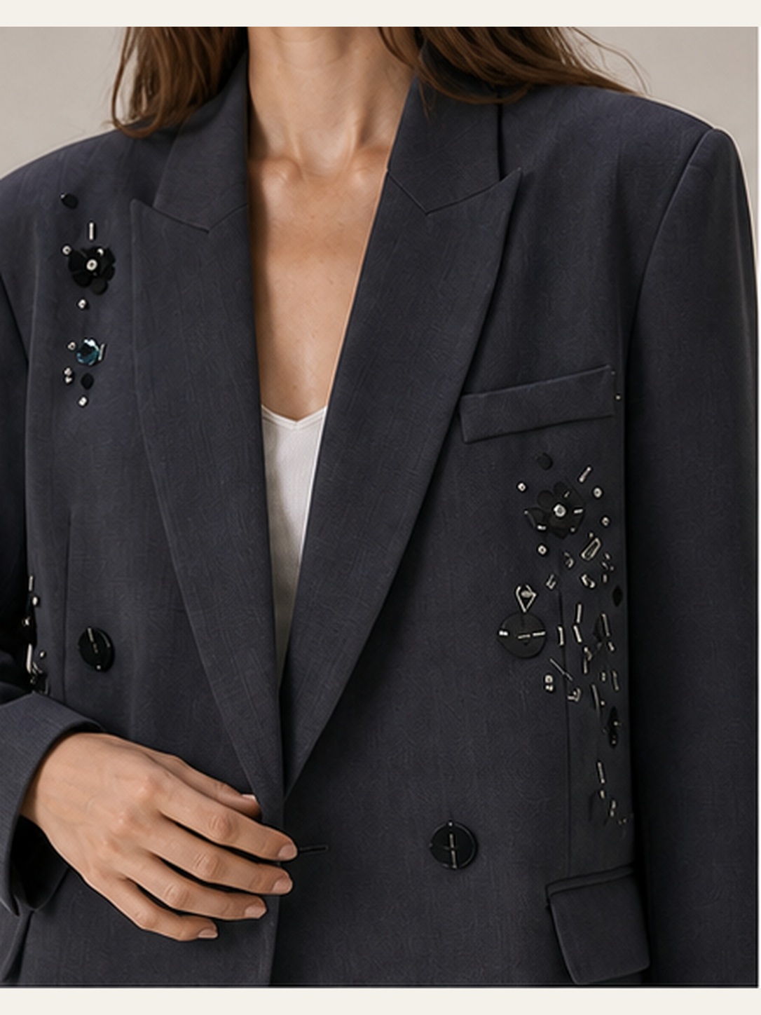 Livia Embellished Blazer fabric and trim detail
