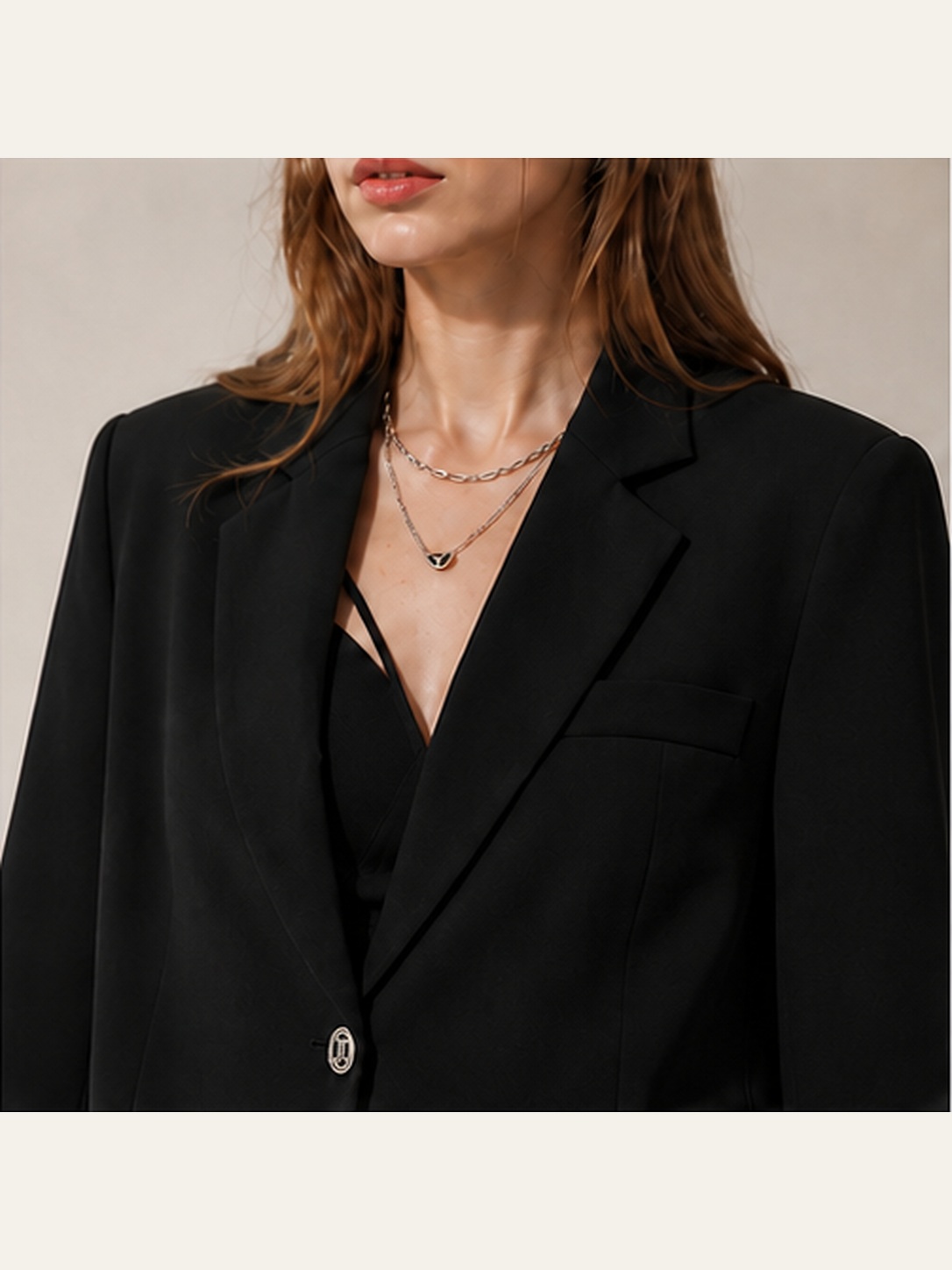 Elara Chain-Back Blazer fabric and trim detail