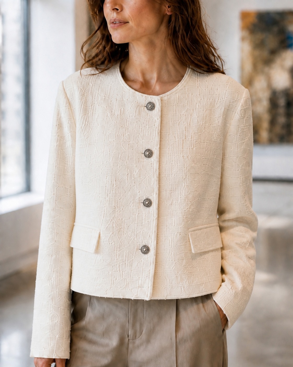 Close view of XEEYISO ivory tweed texture and jewel buttons